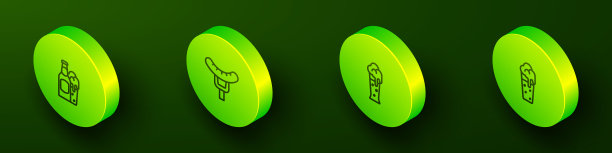 设置等距线啤酒瓶和玻璃杯，香肠在叉子上，啤酒杯和图标。向量图片下载