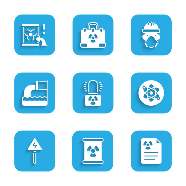 设置放射性警示灯，废料桶，辐射文件，原子，高压标志，废水，核反应堆工作人员和图标。向量图片下载