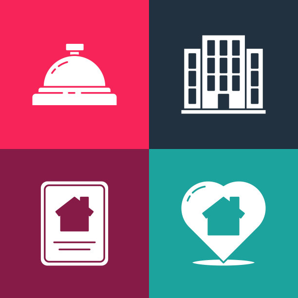 设置流行艺术房子与心形，在线房地产房子，酒店服务钟图标。向量图片下载