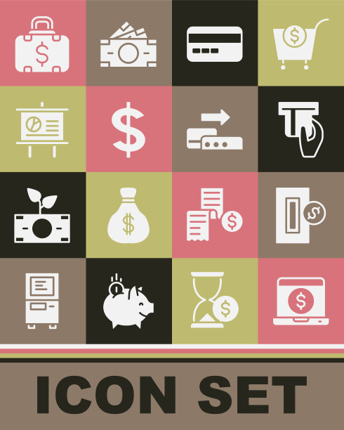 设置笔记本电脑与美元，插入硬币，信用卡插入，美元符号，黑板图，公文包和钱和Pos终端图标。向量图片下载