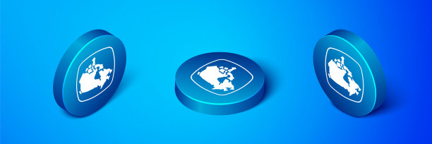 等距加拿大地图图标孤立在蓝色背景上。蓝色圆圈按钮。向量图片下载