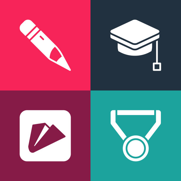 2.5D波普艺术风格：奖牌，纸飞机，毕业帽和带橡皮的铅笔图片下载