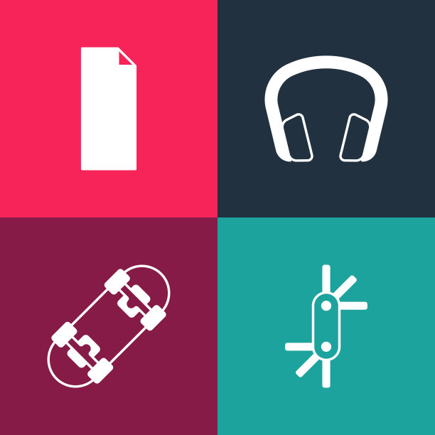 设置流行艺术工具艾伦键，滑板，耳机和握带滑板图标。向量图片下载