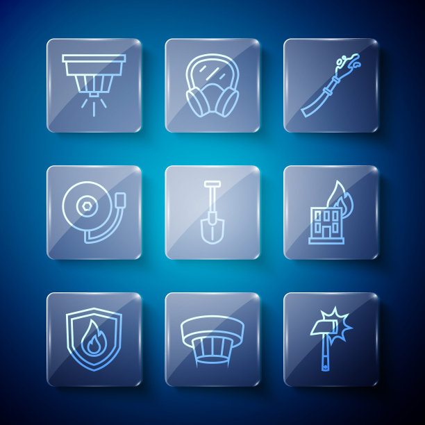 设置线消防盾，烟雾报警系统，消防斧，软管卷，铲子，铃声，燃烧的建筑物图标。向量图片下载