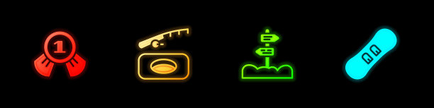 设置奖章，冬季钓鱼，道路交通路标和滑雪板图标。向量图片下载