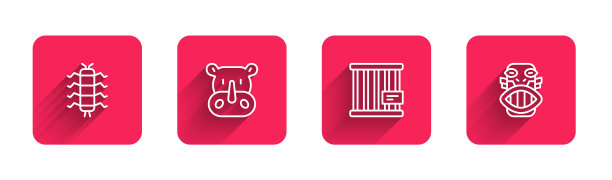 设置线蜈蚣昆虫，犀牛，动物笼子和墨西哥玛雅或阿兹特克面具与长阴影。红色方块按钮。向量图片下载