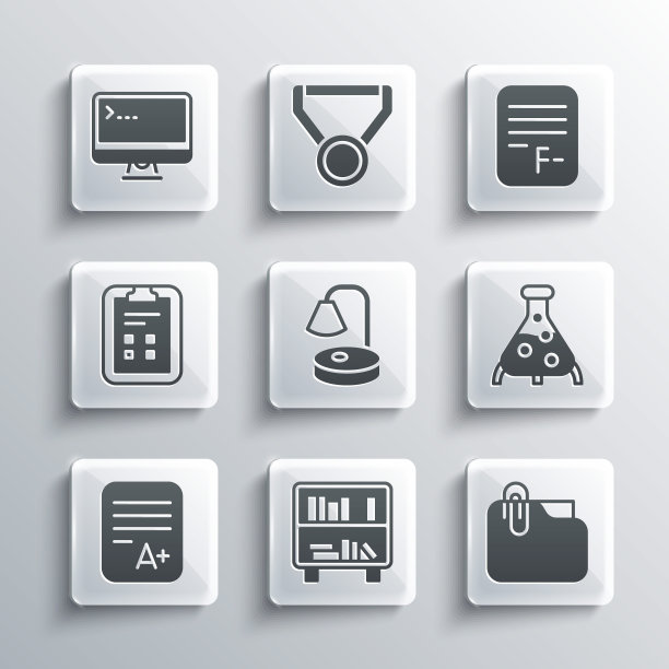 设置书架上有书籍、夹夹文件、试管和烧瓶、台灯、A卷加分数、检查标记、电脑显示器和试卷错误答案图标。向量图片下载