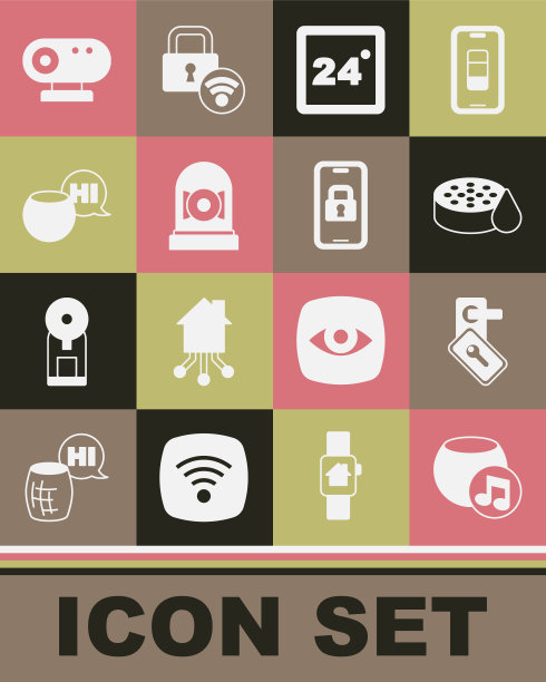 设置语音助手，数字门锁，水浸传感器，恒温器，响铃，网络摄像头和图标。向量图片下载