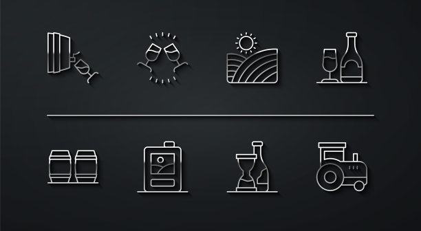 集品酒线，品酒，木桶为葡萄酒，瓶与玻璃，瓶，纸箱，拖拉机和葡萄园葡萄图标。向量图片下载