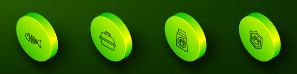 设置等距线鱼骨架，宠物手提箱，食品袋和动物健康保险图标。向量图片下载