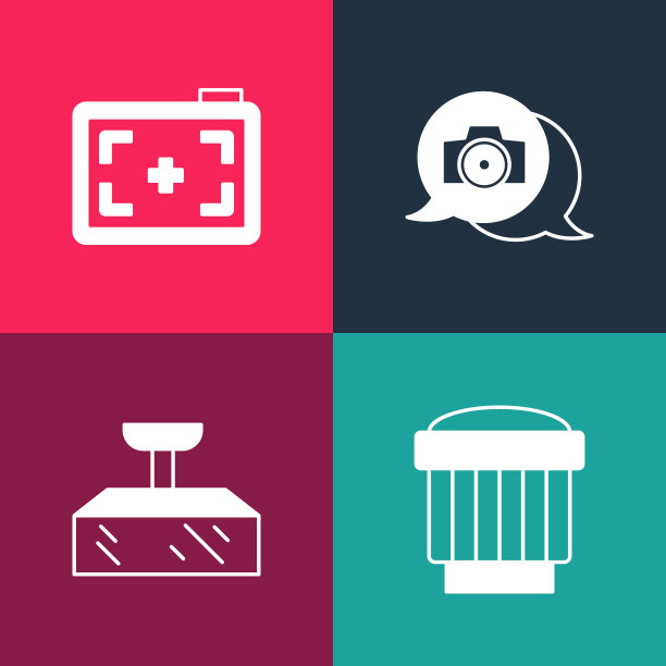 设置流行艺术相机照片镜头，软盒灯，照片相机和图标。向量图片下载