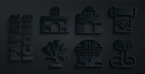 设置狮身人面像，荷鲁斯之眼在纸莎草卷，珊瑚，蛇，埃及房屋和图标。向量图片下载