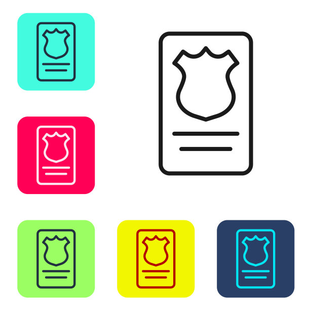 黑线警察徽章与id案件图标隔离在白色背景上。设置图标为彩色方框按钮。向量图片下载