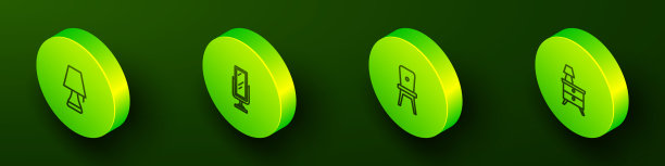 等距线台灯、大长面镜、椅子、床头柜等设置图标。向量图片下载