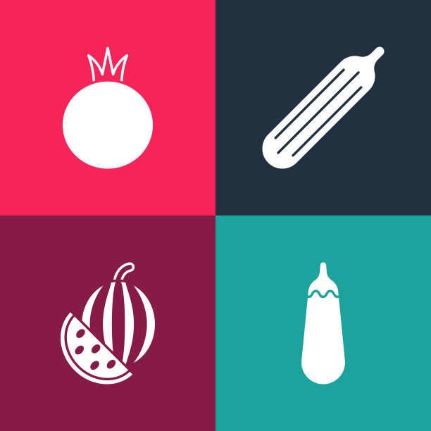 设置流行艺术茄子，西瓜，新鲜黄瓜和番茄图标。向量图片下载