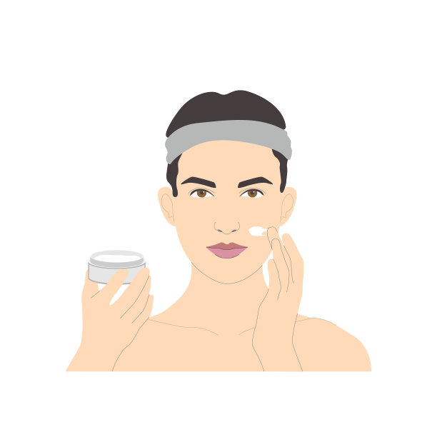 美容面部护理，微笑的女人用歪手在脸上涂抹产品，矢量隔离在白色背景上。图片下载