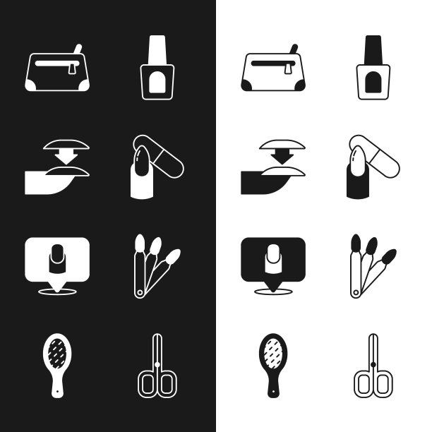 套装指甲锉，假指甲，化妆包，指甲油瓶，美甲，剪刀和图标。向量图片下载