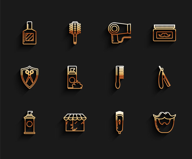 集线剃须胶泡沫，理发店建筑，须后水，电动剪发器或剃须刀，胡子和胡子，直剃刀和梳子图标。向量图片下载