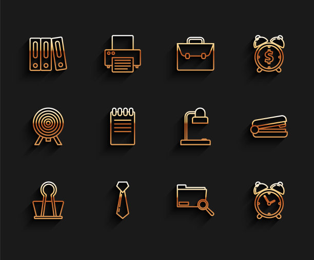 设置线夹，领带，办公室文件夹与文件，搜索概念，闹钟，笔记本电脑，订书机和台灯图标。向量图片下载