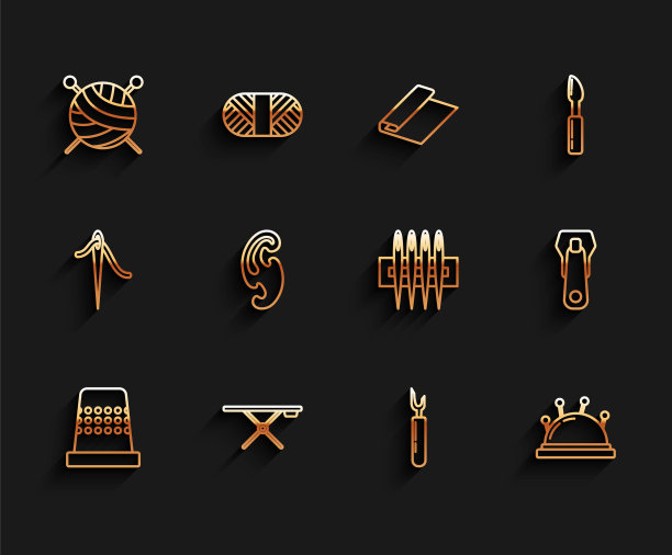 设置缝纫线顶针，熨衣板，带针织针的纱线球，刀具，针床，法式曲线，拉链和图标。向量图片下载