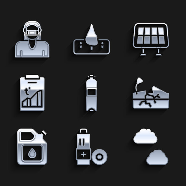 设置瓶水，电池，云，地震，罐汽油，全球变暖，太阳能面板和面部防护面具图标。向量图片下载