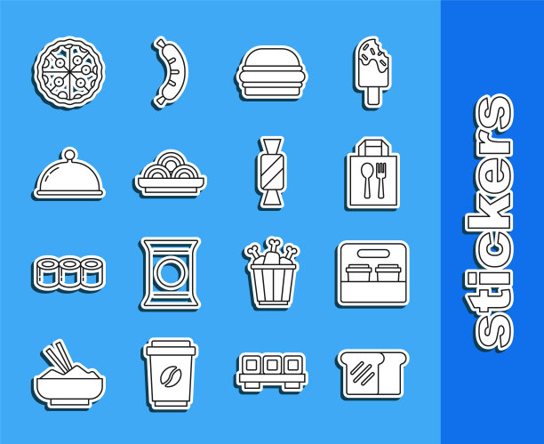 面包吐司，咖啡杯，网上订购和配送，汉堡，亚洲面条碗，覆盖托盘，披萨和糖果图标。向量图片下载