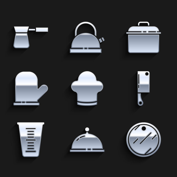 集厨师帽子，覆盖托盘的食物，砧板，肉菜刀，量杯，烤箱手套，烹饪锅和咖啡土耳其图标。向量图片下载