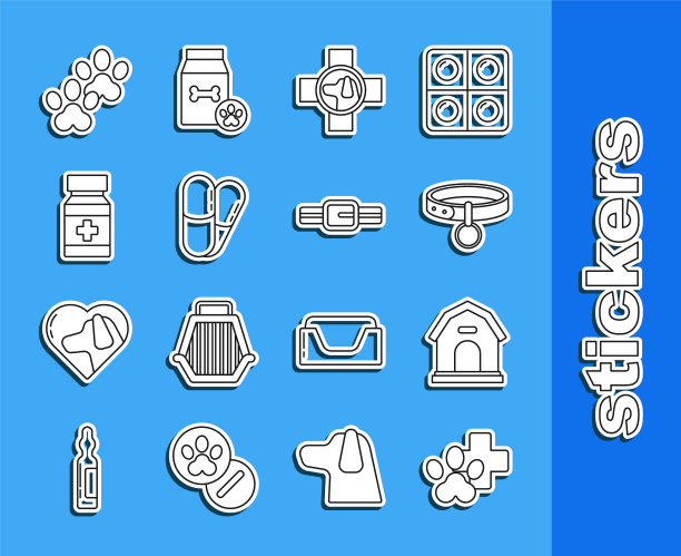 设置线兽医诊所符号，狗舍，项圈与名牌，药丸，药瓶，爪印和图标。向量图片下载