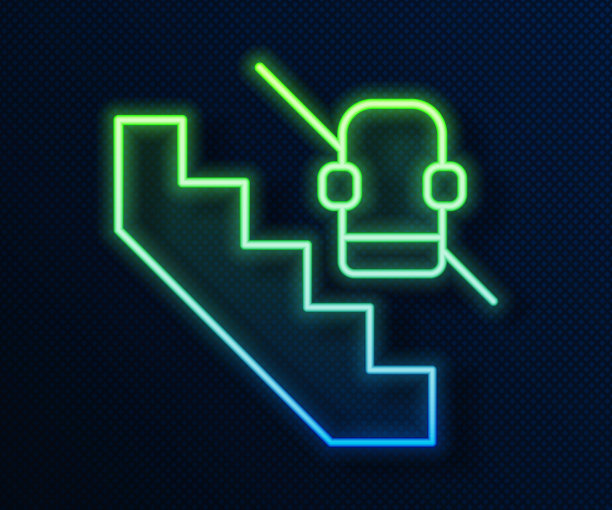 发光霓虹灯线残疾人进入电梯电梯自动扶梯图标隔离在蓝色背景。残疾人移动机械椅平台。向量图片下载