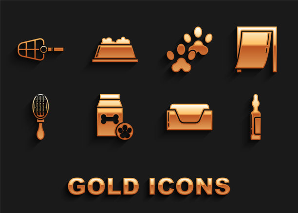 集食品袋宠物，门，宠物瓶医疗，床，毛刷狗和猫，爪印，狗口和碗图标。向量图片下载