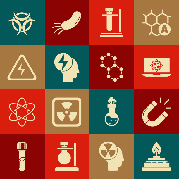 设置酒精或烈酒燃烧器，磁铁，笔记本电脑上的细菌，试管烧瓶支架，头部电气符号，高压标志，生物危害和分子图标。向量图片下载
