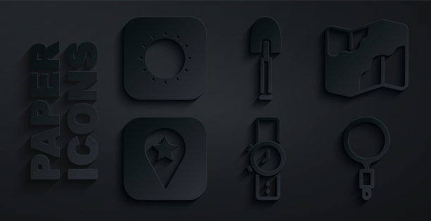 设置手表，露营和徒步旅行在地图上，露营的位置，放大镜，铲子和太阳图标。向量图片下载