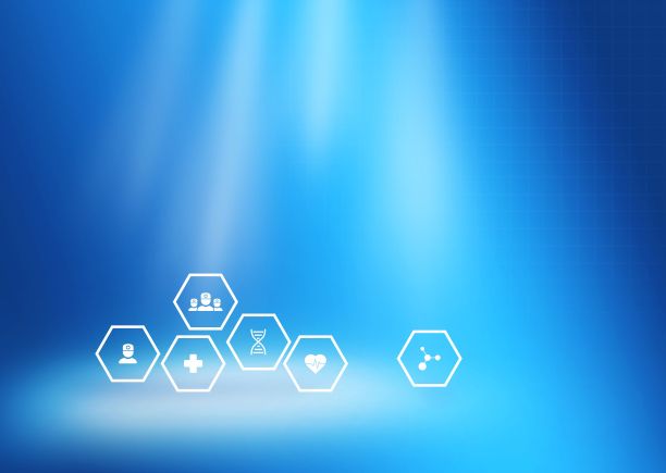 明亮的蓝色背景上的六角形医学图标图片下载