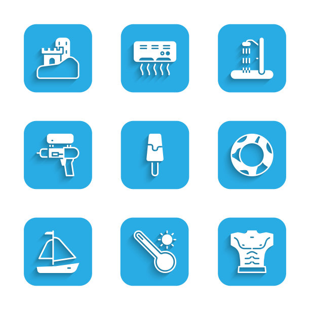 集冰淇淋，气象温度计，健美肌肉，橡胶游泳圈，游艇帆船，水枪，沙滩淋浴和沙堡图标。向量图片下载