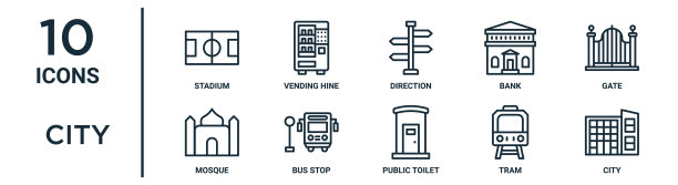 城市轮廓图标集包括细线体育场，方向，大门，公交车站，有轨电车，城市，清真寺图标的报告，演示，图表，网页设计图片下载