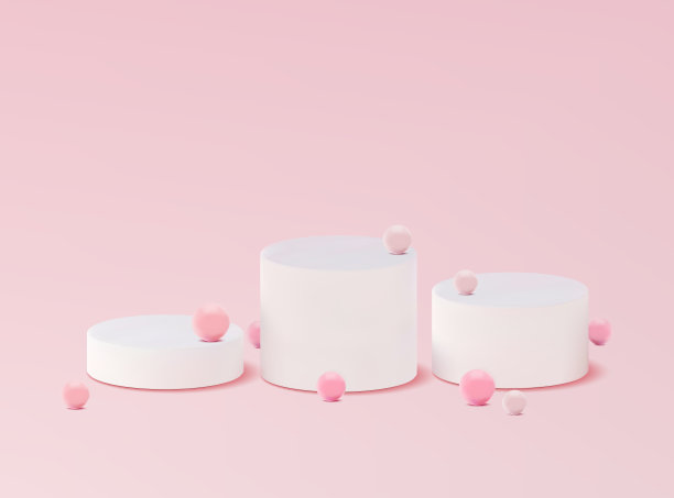 三个白色3d领奖台在一个软粉色粉彩豪华的背景与珍珠珠。一种抽象的舞台，以台阶基座的形式授予获奖产品。矢量目录工作室图片下载
