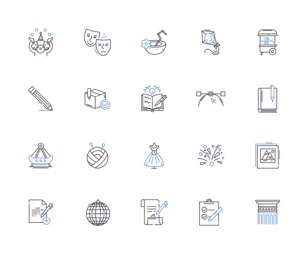 视觉艺术轮廓图标集：绘画、素描、雕塑、版画、拼贴、摄影、混合媒体矢量和插图概念集，陶瓷、组合、装置线性标志图片下载