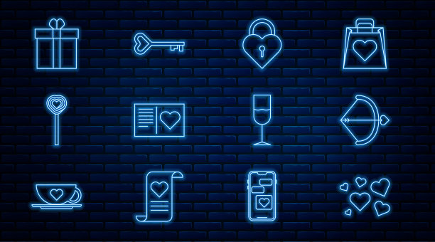 集线心，弓箭，城堡在心形，情人节传单与，棒棒糖，礼盒，酒杯和钥匙图标。向量图片下载