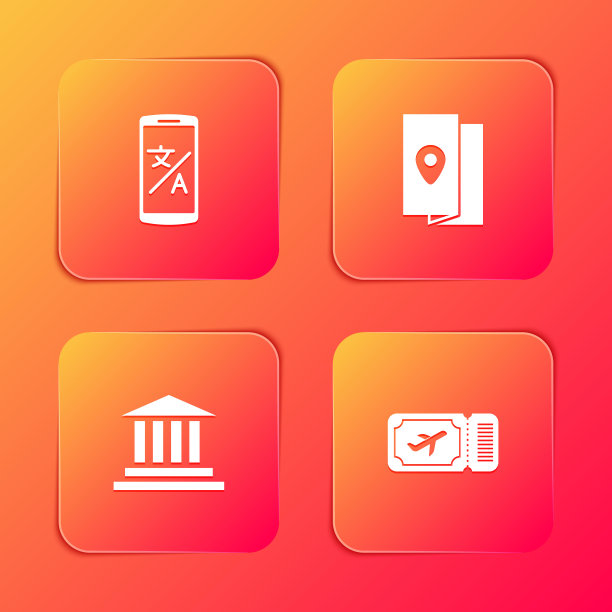 设置在线翻译，封面书旅游指南，博物馆建筑和机票图标。向量图片下载