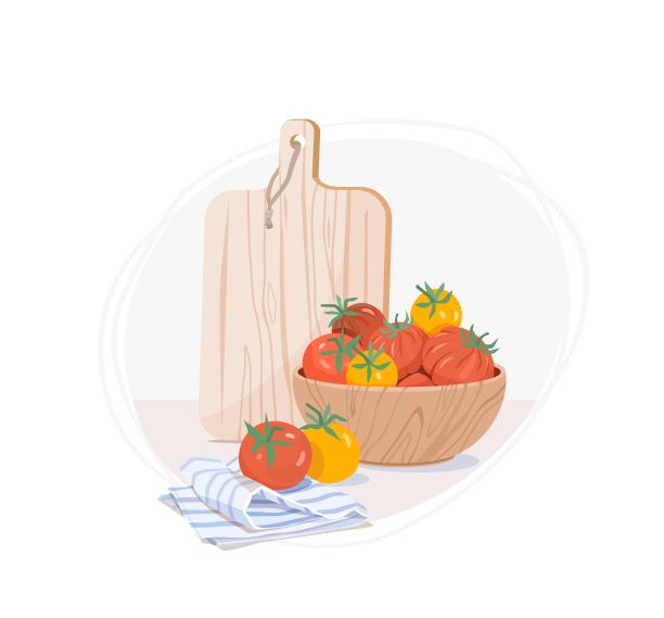 餐桌上有厨房用具。不同品种的红色和黄色西红柿在木碗，厨房亚麻条纹毛巾，切木板。生态斯堪的纳维亚风格的矢量插图。图片下载