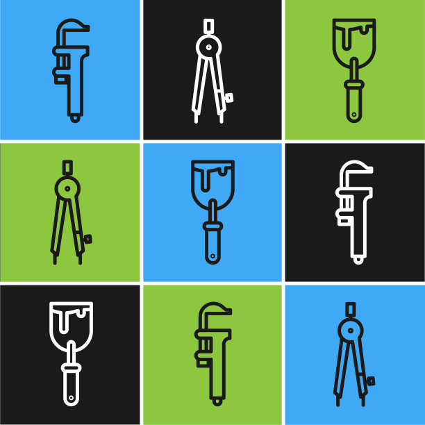 设置线卡尺或卡尺和刻度，油灰刀和绘图指南针图标。向量图片下载