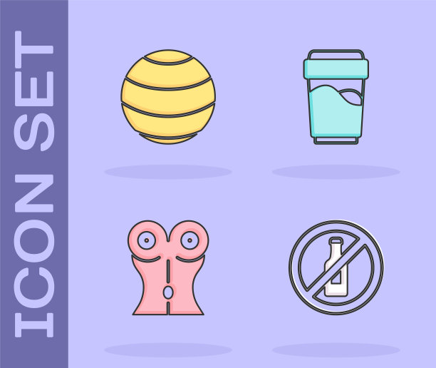 设置无酒精，健身球，女性腰部和玻璃杯与水图标。向量图片下载