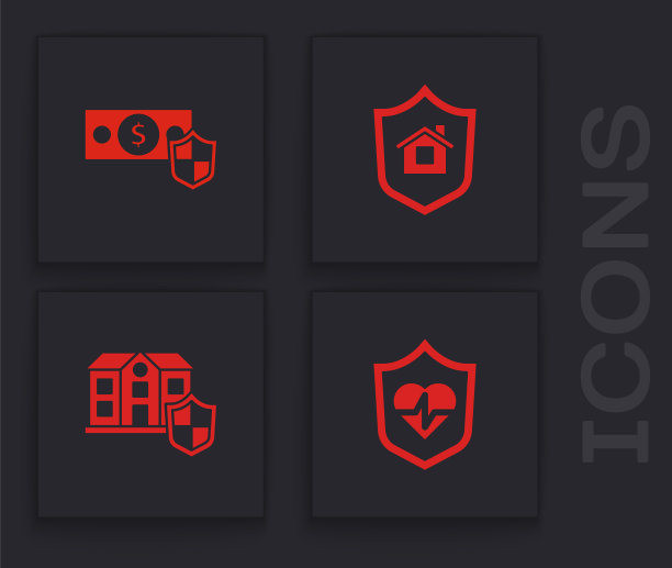 设置人寿保险，盾牌，金钱，房子和图标。向量图片下载