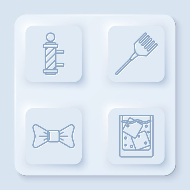 经典的理发杆，梳子，领结和一杯威士忌和冰块。白色方形按钮。向量图片下载