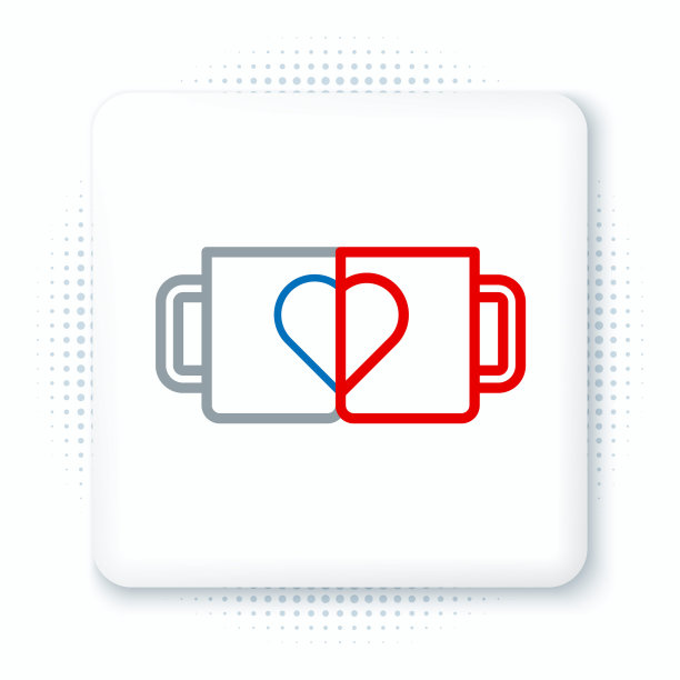 第二行咖啡杯和白色背景上孤立的心形图标。情人节情侣咖啡。彩色轮廓概念。向量图片下载