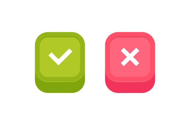 检查并交叉标记3d彩色按钮上的图标。网页和移动应用的设计概念。是或否，做或不做。矢量图图片下载