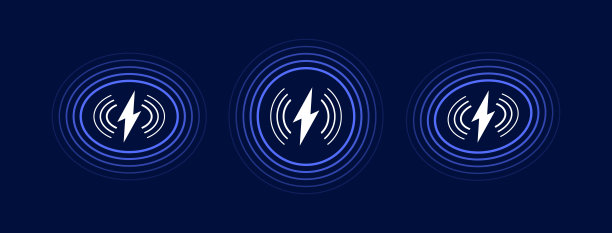 无线充电器标志设置与波浪。快速无线充电技术。无线充电器标志与闪电和波浪。感应式码头站，为不同设备充电。矢量图图片下载