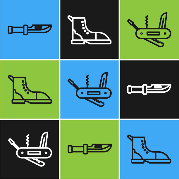 设置行野营刀，瑞士军刀和徒步旅行靴图标。向量图片下载