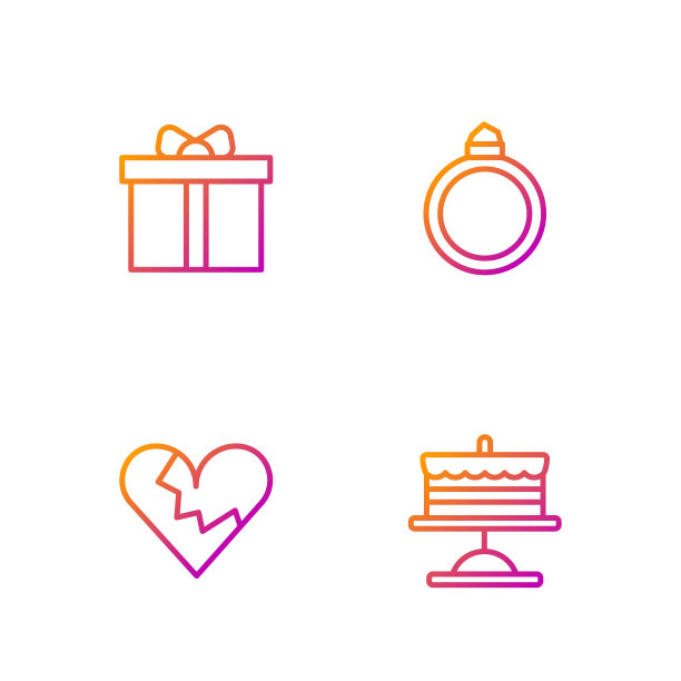 盘子上的蛋糕，破碎的心或离婚，礼盒和钻石订婚戒指。渐变颜色图标。向量图片下载