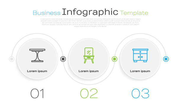 设置线圆桌，梳妆台和家具床头柜。业务信息图模板。向量图片下载